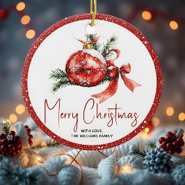 Kerstbal met rode strik en spar takken keramisch ornament