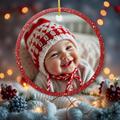 Kerstbal met rode strik en spar takken keramisch ornament