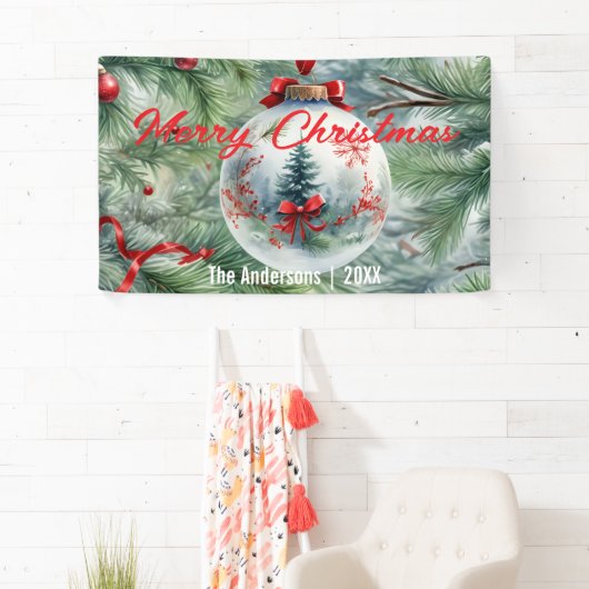 Kerstbal met rood lint en dennentakken spandoek (Insitu)