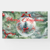 Kerstbal met rood lint en dennentakken spandoek (Horizontaal)