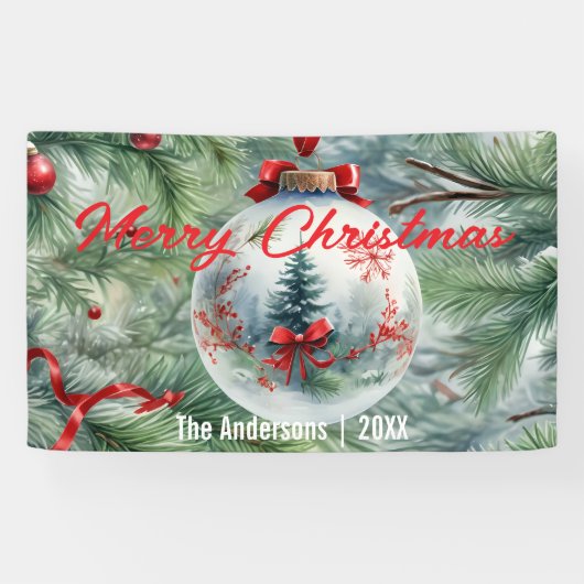 Kerstbal met rood lint en dennentakken spandoek (Horizontaal)