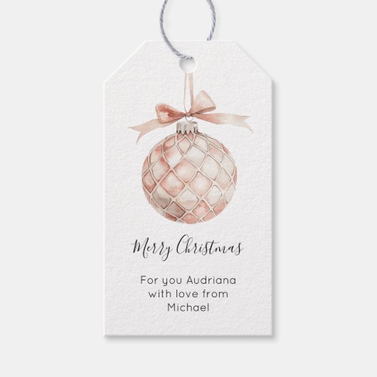 Kerstbal met roze strik  cadeaulabel (Voorkant)