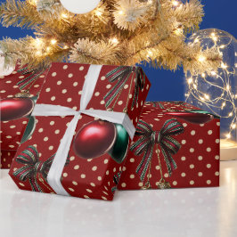 Kerstbal met stippen rood en groen Vintage Cadeaupapier