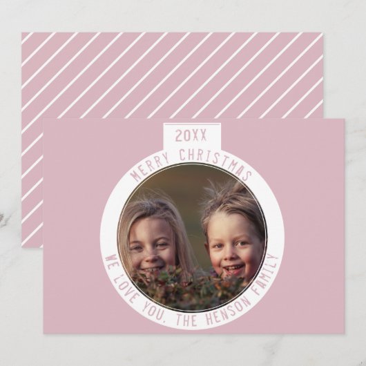 Kerstbal Moderne Pastel Roze Foto Vakantie Feestdagenkaart (Voorkant / Achterkant)