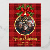 Kerstbal Ornament Foto Buffalo Plaid Folie Feestdagen Briefkaart (Voorkant)