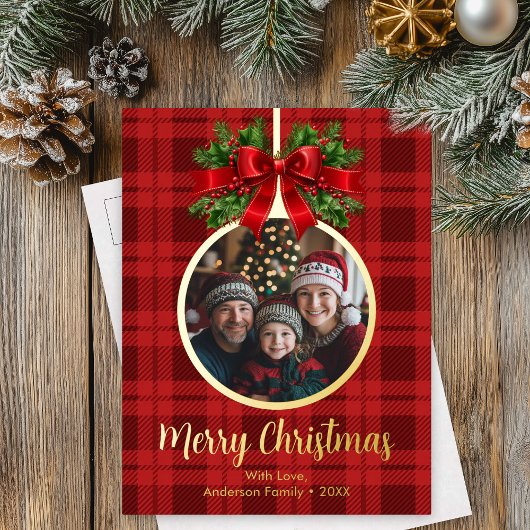 Kerstbal Ornament Foto Buffalo Plaid Folie Feestdagen Briefkaart