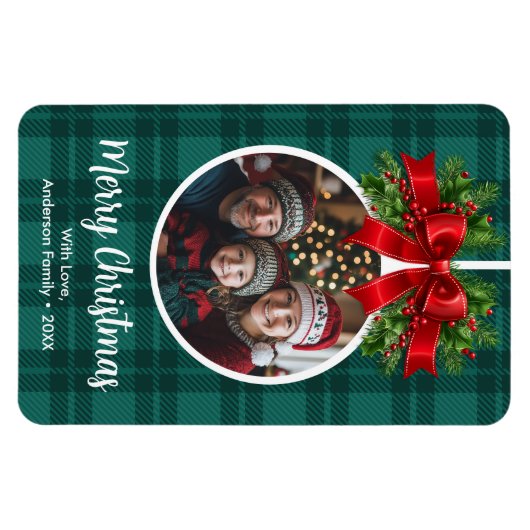 Kerstbal Ornament Foto Green Buffalo Plaid Magneet (Horizontaal)