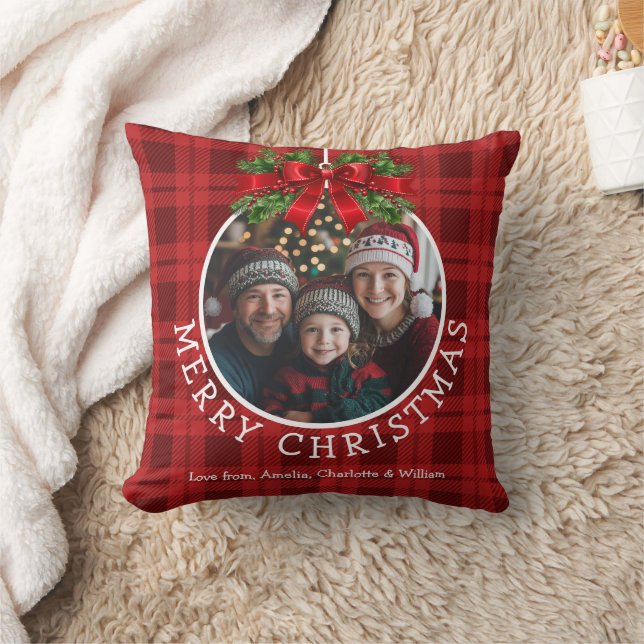 Kerstbal Ornament Foto Red Buffalo Plaid Kussen (Deken)