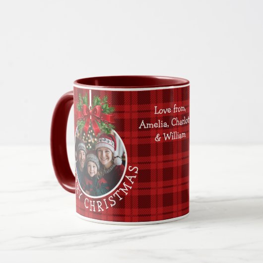 Kerstbal Ornament Foto Red Buffalo Plaid Mok (Voorkant links)