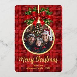 Kerstbal Ornament Holly Berries Foto Plaid Folie Feestdagenkaart