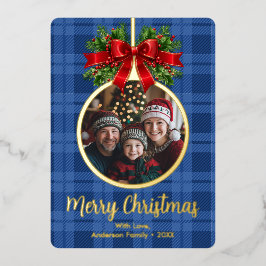 Kerstbal Ornament Holly Berries Foto Plaid Folie Feestdagenkaart