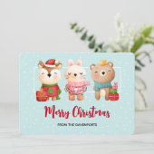 kerstbal - rendierlijk Beer en konijn Feestdagenkaart (Staand voorkant)