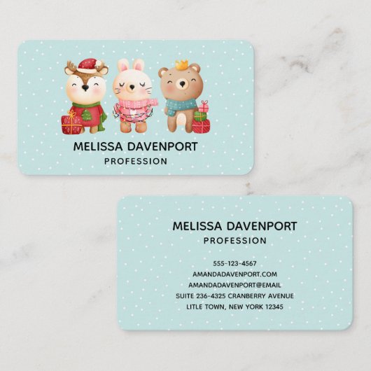kerstbal - rendierlijk Beer en konijn Visitekaartje (Voorkant / Achterkant)