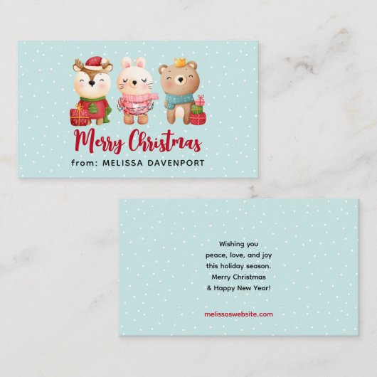 kerstbal - rendierlijk Beer en konijn Visitekaartje (Voorkant / Achterkant)