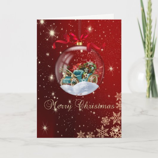 Kerstbal Retro Auto Sneeuwvlokken Feestdagen Kaart (Voorkant)