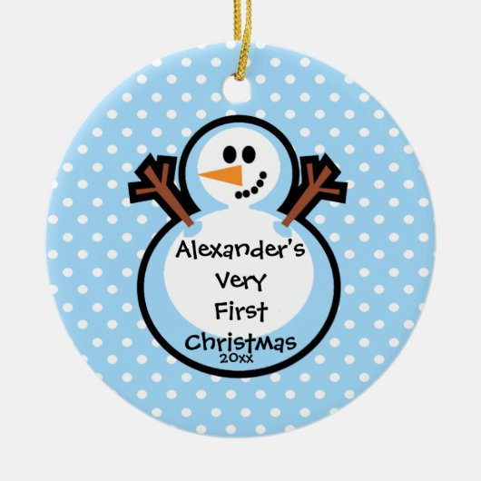 Kerstbal Sneeuwmannetje Jongen Eerste Kerstmis Keramisch Ornament (Voorkant)