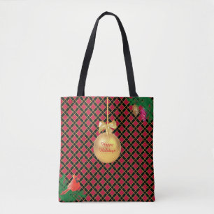 Kerstbal, vogel, dennenappels op Zwart & Rood Tote Bag