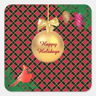 Kerstbal, vogel, dennenappels op Zwart & Rood Vierkante Sticker