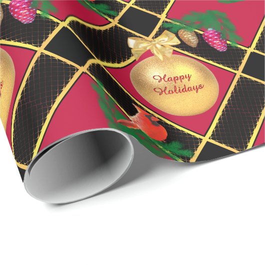 Kerstbal, vogel, pijnbomen op zwart-wit en rood cadeaupapier (Rol Hoek)