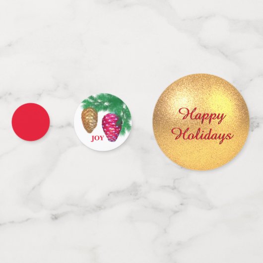 Kerstbal, vogel, pijnbomen op zwart-wit en rood confetti (Voorkanten)