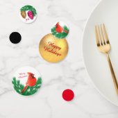 Kerstbal, vogel, pijnbomen op zwart-wit en rood confetti (Groep)