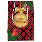 Kerstbal, vogel, pijnbomen op zwart-wit en rood medium cadeauzakje (Voorkant)