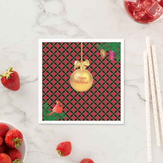 Kerstbal, vogel, pijnbomen op zwart-wit en rood servet (Insitu)