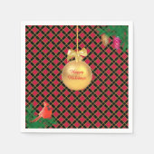 Kerstbal, vogel, pijnbomen op zwart-wit en rood servet (Voorkant)