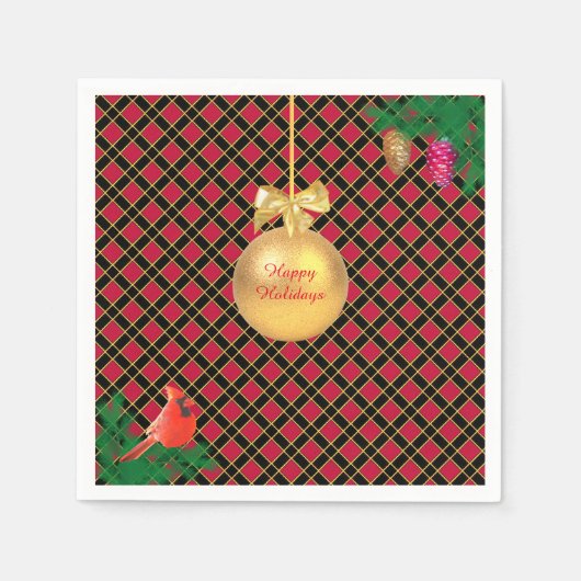 Kerstbal, vogel, pijnbomen op zwart-wit en rood servet (Voorkant)