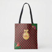 Kerstbal, vogel, pijnbomen op zwart-wit en rood tote bag (Voorkant)
