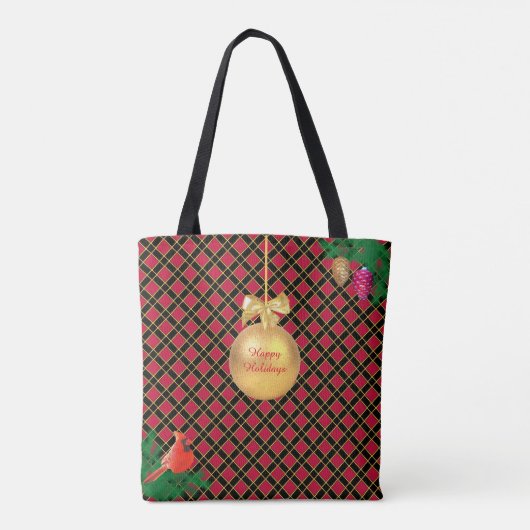 Kerstbal, vogel, pijnbomen op zwart-wit en rood tote bag (Achterkant)