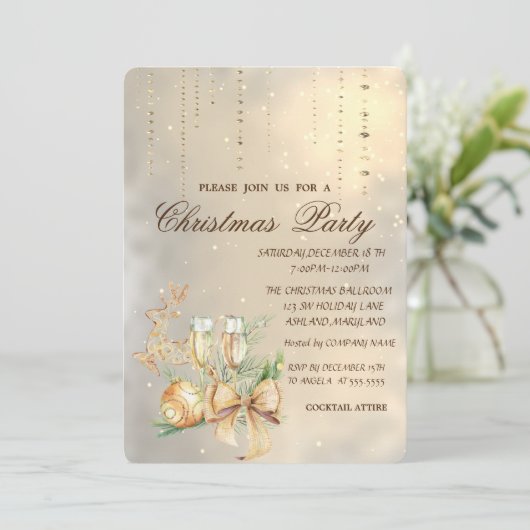 Kerstbal, wijnglas, Bow, rendierpartij Kaart (Staand voorkant)