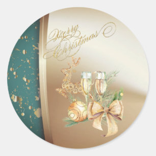 Kerstbal, wijnglas, rendieren, strik ronde sticker