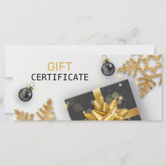 kerstbal zwarte cadeaubon voor gouden sneeuwvlok (Voorkant)