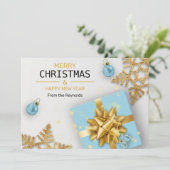 kerstballen Blauwe Gift Box Gold Snowflakes Feestdagenkaart (Staand voorkant)