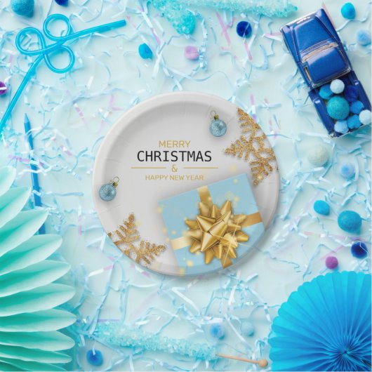 kerstballen Blauwe Gift Box Gold Snowflakes Papieren Bordje (Feest)