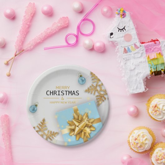 kerstballen Blauwe Gift Box Gold Snowflakes Papieren Bordje (Feest)