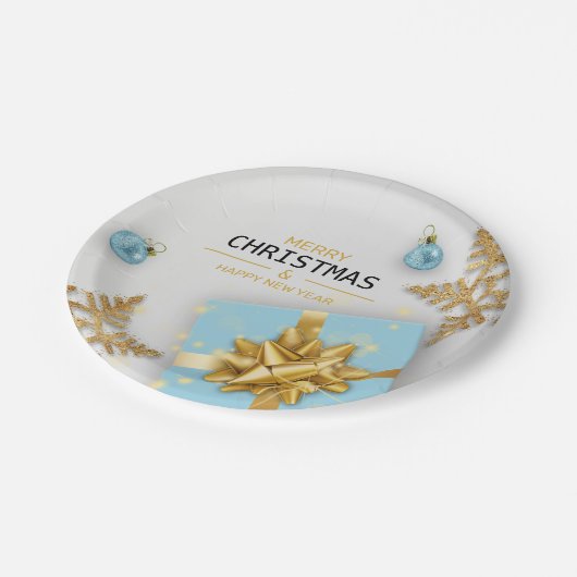 kerstballen Blauwe Gift Box Gold Snowflakes Papieren Bordje (Gekanteld)