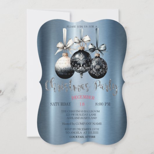 Kerstballen, Blauwe Metallic Kerstfeest Kaart (Voorkant)
