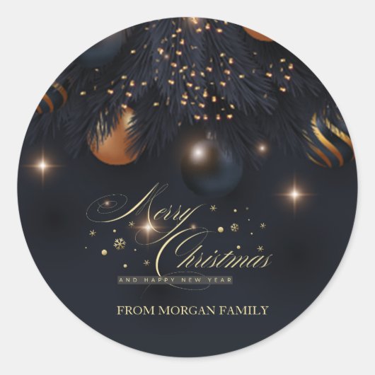 Kerstballen Dennenboom Takken Zwart Ronde Sticker (Voorkant)