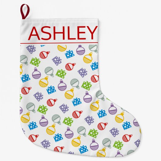 Kerstballen en cadeaupatroon en naam met een tint grote kerstsok (Voorkant)