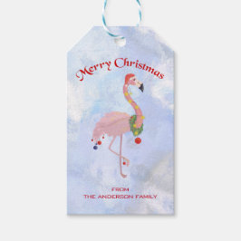Kerstballen en flamingo cadeaulabel