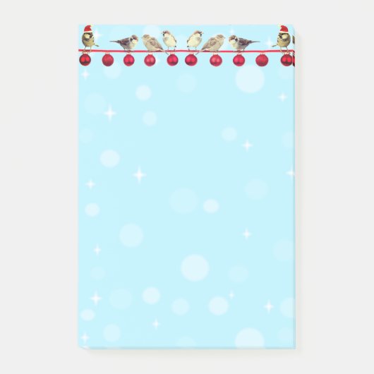 Kerstballen en karolvogels op hemelblauw post-it® notes (Voorkant)