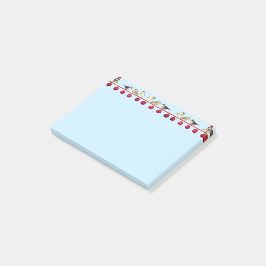 Kerstballen en karolvogels op lichtblauw post-it® notes (Schuin)