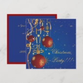 Kerstballen en linten blauwe feestuitnodiging kaart (Voorkant / Achterkant)