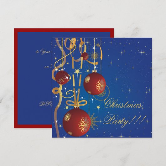 Kerstballen en linten blauwe feestuitnodiging kaart (Voorkant / Achterkant)