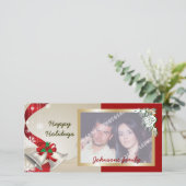 Kerstballen en linten fotokaart feestdagenkaart (Staand voorkant)