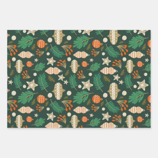 Kerstballen en Winter Bladgroen Inpakpapier Vel (Voorkant)
