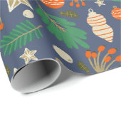 Kerstballen en Winter Blauw gebladerte Cadeaupapier (Rol Hoek)