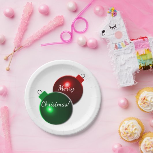 kerstballen: glimmend rood en groen met groet papieren bordje (Feest)